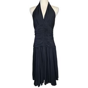 Philip Dicaprio Silk Blend Ruched Drop Waist Midi Halter Dress Black size 8